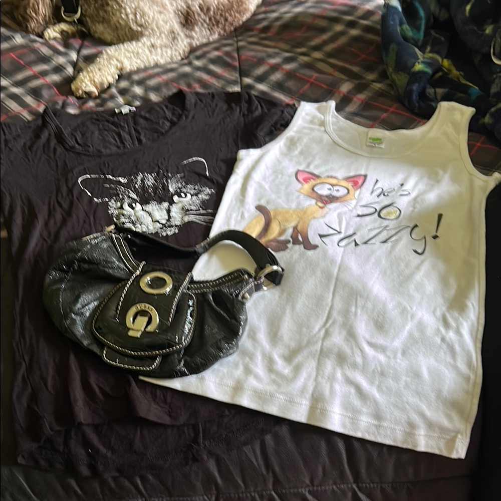 Womans Cat Print Tank Top - White, one black,guess purse